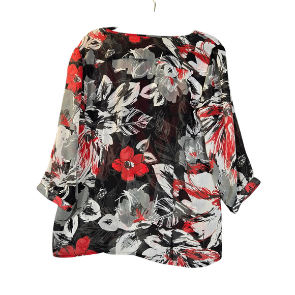 Christopher & Banks Womens Large Floral Blouse Button Up Top Sheer Black Red - Picture 5 of 11